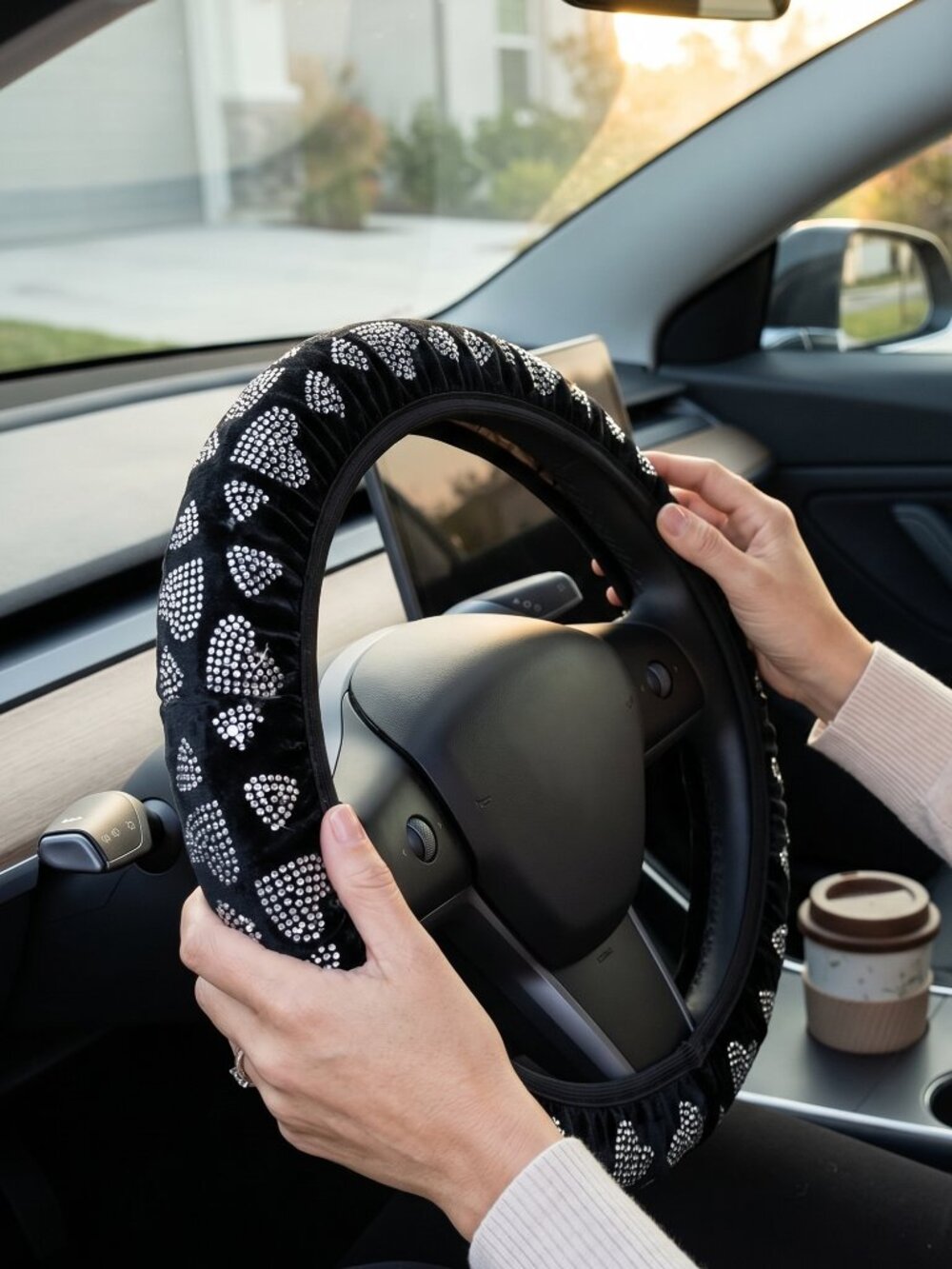 🖤✨ Black Velvet Steering Wheel Cover with Rhinestone Hearts